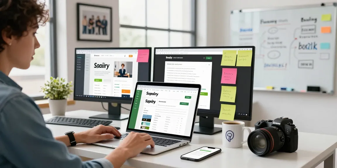 Entrepreneur using Shopify blog automation tools in a vibrant e-commerce workspace with analytics.