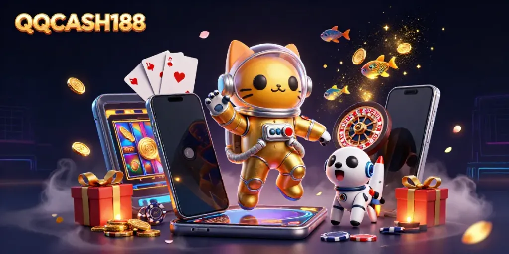 Experience the thrill of QQCASH188 as a space cat and robot dog navigate a galaxy of vibrant casino games.