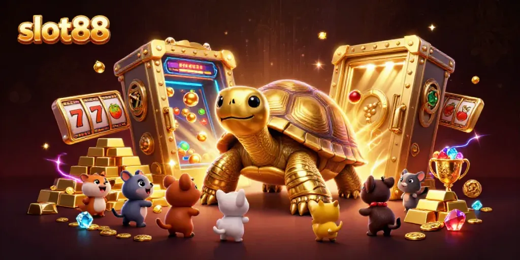 Memenangkan slot88 dengan karakter kartun kura-kura emas dan permainan slot yang ceria.