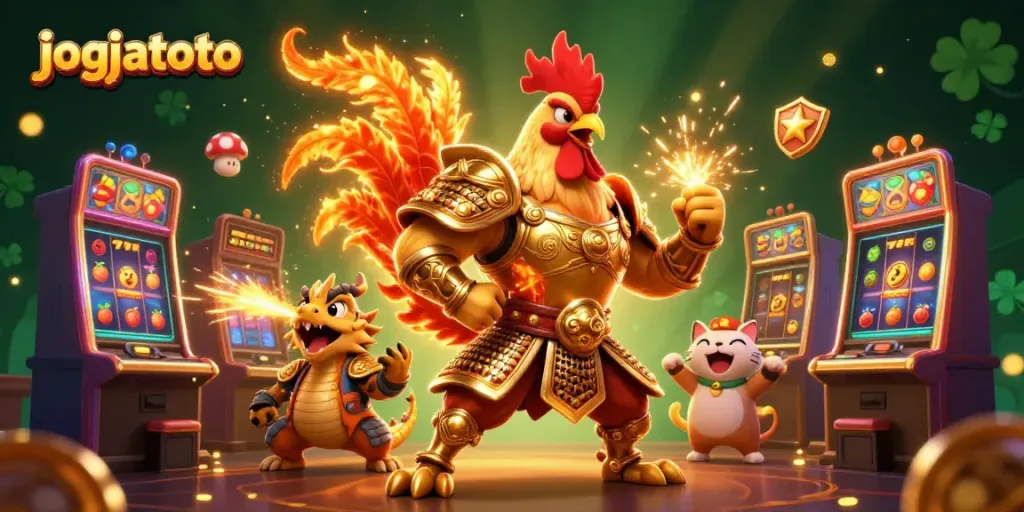 Engage with jogjatoto's dynamic slot gaming experience featuring a warrior rooster and dragon.