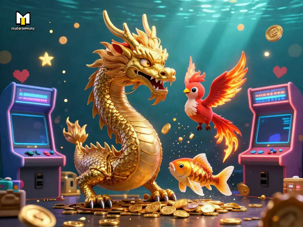 Experience mataramtoto with a powerful dragon, playful phoenix, and lucky koi fish amidst a lively casino scene filled with arcade games and coins.