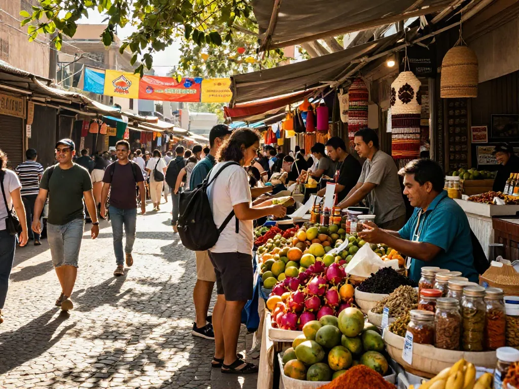 Pasar urban Pakhoki dengan vendor menjual buah dan rempah-rempah warna-warni, menciptakan suasana meriah.