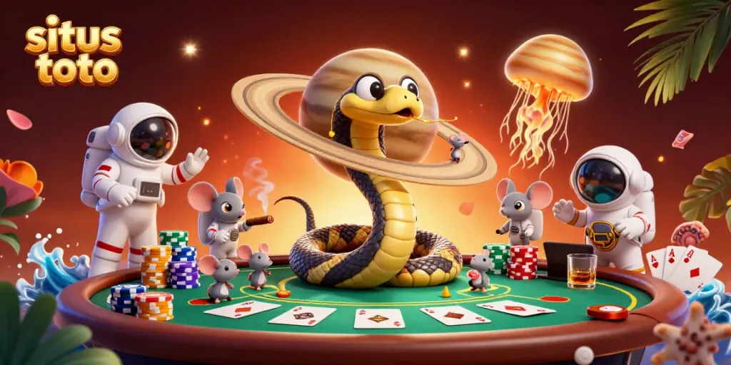 Astounding illustration featuring a cosmic roulette scene with astronaut mice betting on rings while a jellyfish dealer presides, showcasing situs toto.