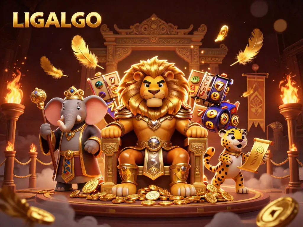 LIGALGO gaming scene featuring a lion king, elephant, and cheetah surrounded by gold coins and slot machines.