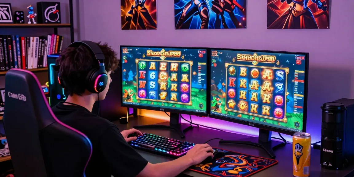 Engaged player enjoying Slot Gacor MAHJONGJP88 in dynamic gaming setup with vibrant screens and atmospheric lighting.