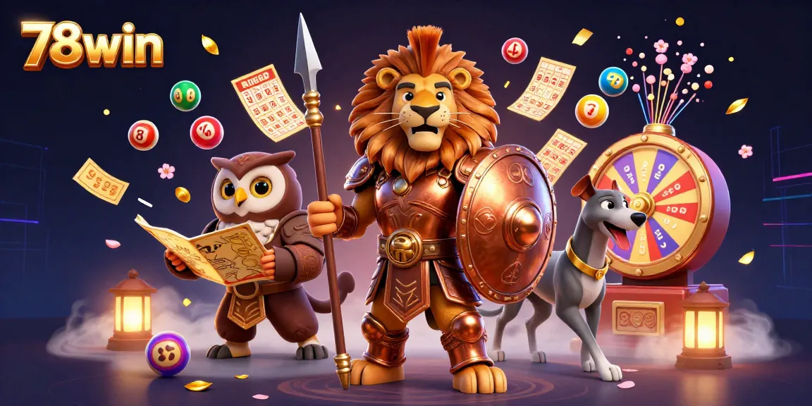 Engage with 78win as a Spartan lion guides the game with vibrant casino elements.