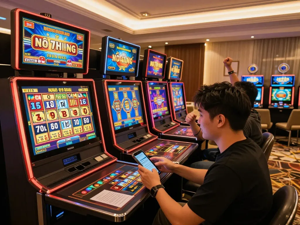 Engaging in the nổ hũ 79king game on a tablet amidst vibrant slot machines