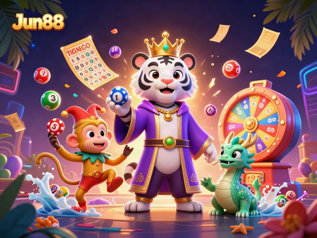 Experience gaming excitement with Jun88's vibrant 3D illustration featuring festive characters and lively lottery elements.