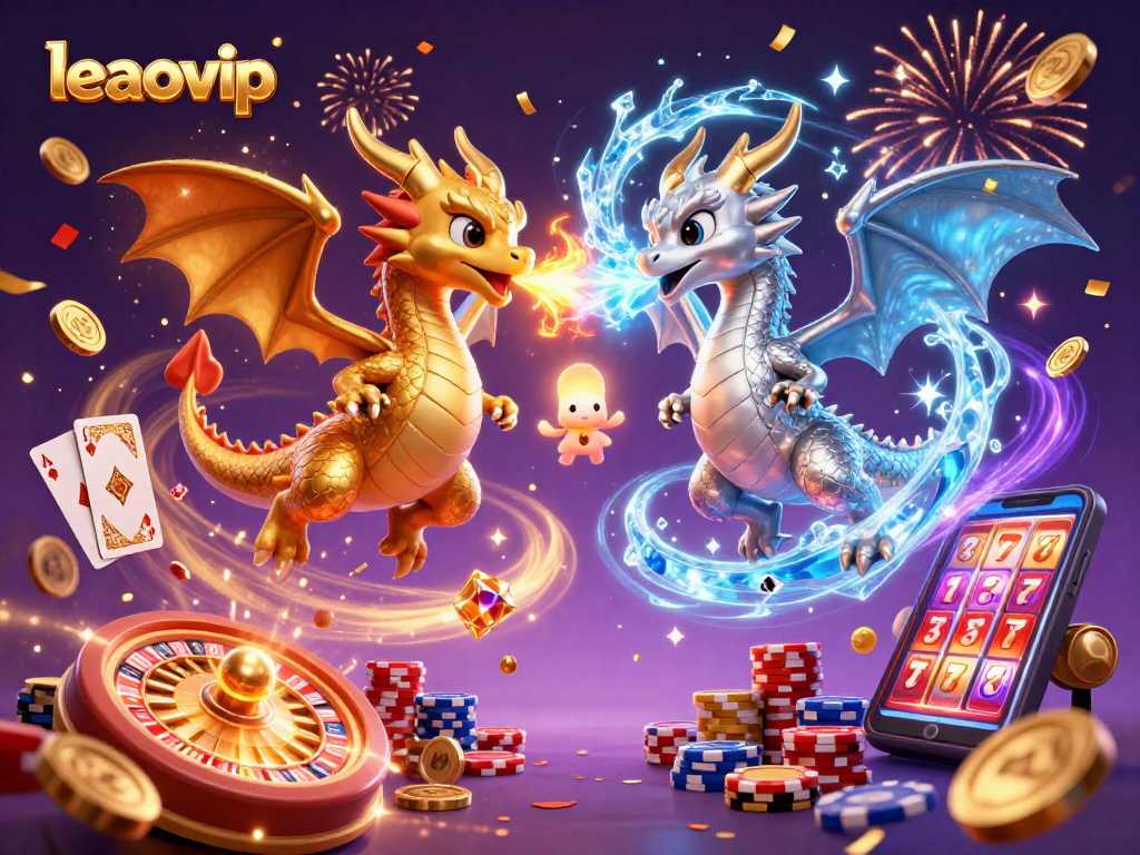 Experience the magic of leaovip with dynamic dragons and casino elements in this vibrant illustration.
