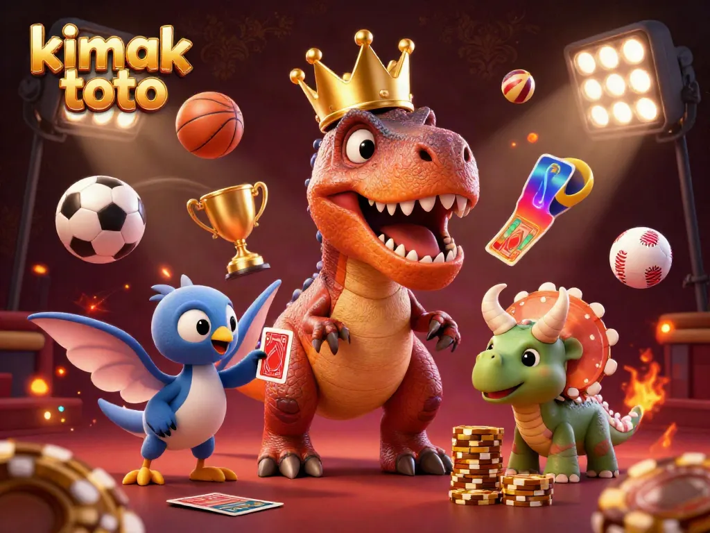 Engage in thrilling casino action with the kimak toto T-Rex character shuffling cards among vibrant casino elements.