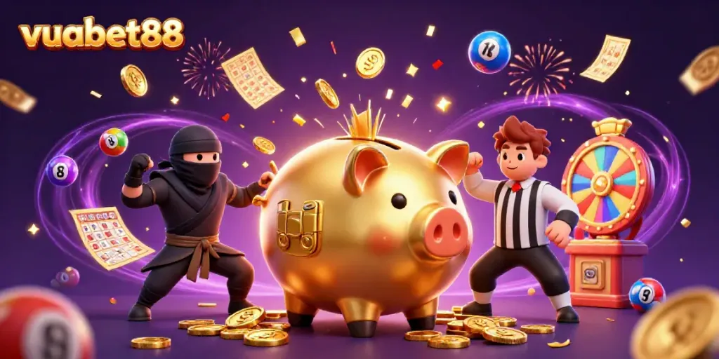 Join the fun with vuabet88 at this dynamic scene featuring a golden piggy bank and exciting lottery elements.