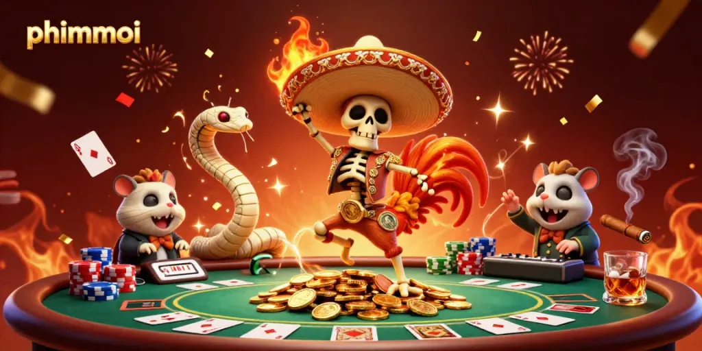 Experience the vibrant action of phimmoi featuring a lively cartoon scene with casino themes and dynamic characters.