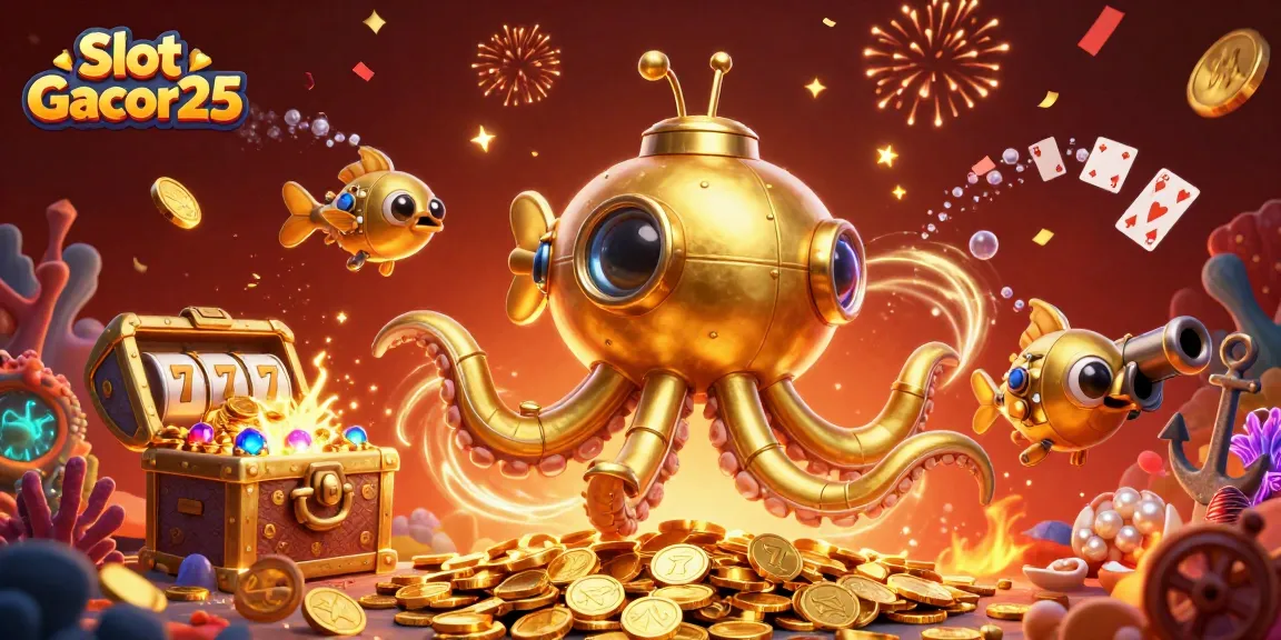 Slot Gacor25 menampilkan kraken emas dan ikan mekanis di lautan koin berkilau.