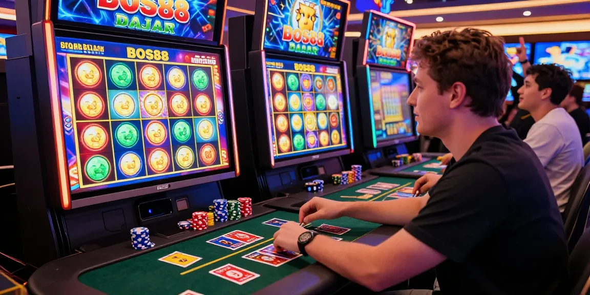 Permainan slot BOS88 Daftar yang menarik dengan pemain di kasino online, suasana ceria dan penuh aksi.
