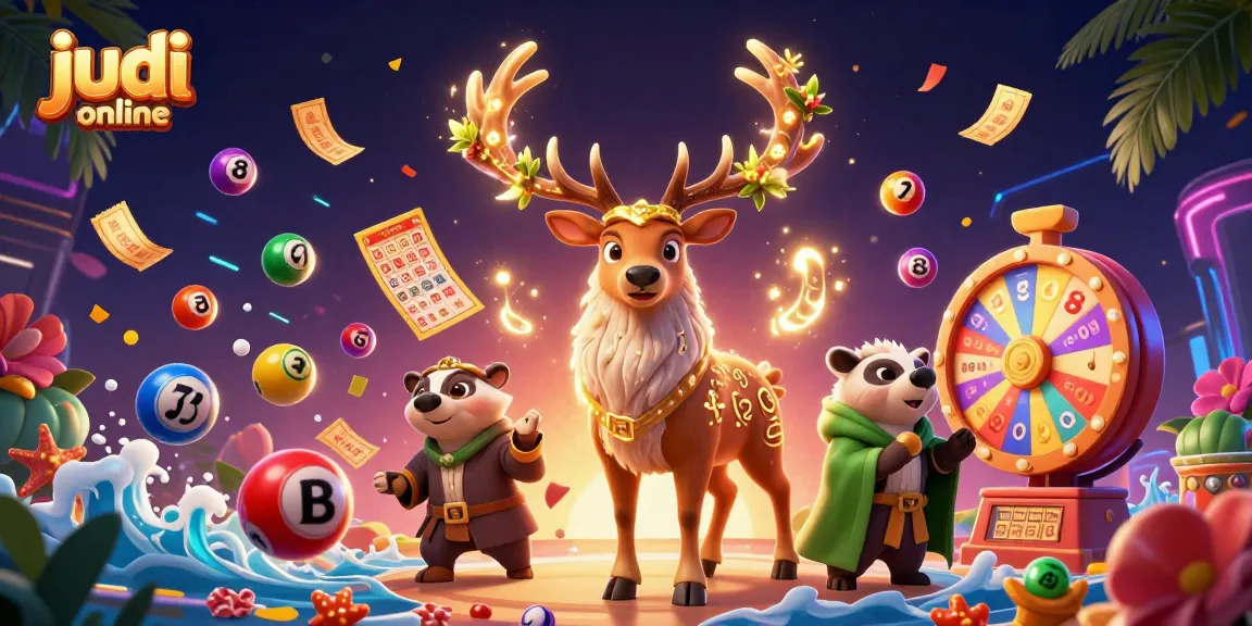 Engage in judi online with a vibrant scene of luck, featuring a druid stag, badger, and lottery elements.