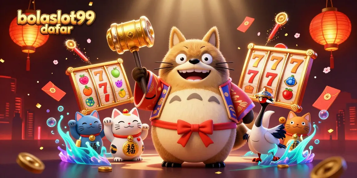 Bolaslot99 daftar illustration featuring a cheerful tanuki and fortune cats among vibrant slot reels.