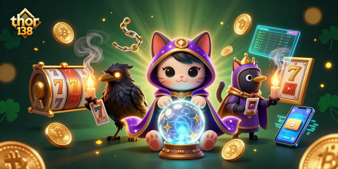 Permainan slot menarik di thor 138 dengan kucing mistis, burung gagak, dan lilin, efek magis mengelilingi.