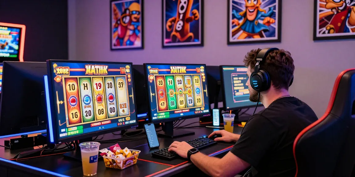Engaged gamer playing slot online at a vibrant gaming setup with colorful graphics.
