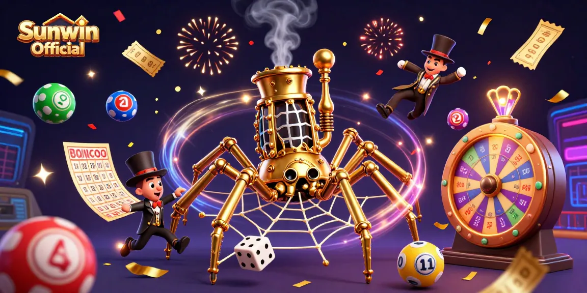 Play exciting games with Sunwin Official, featuring a steampunk spider and colorful lottery balls.