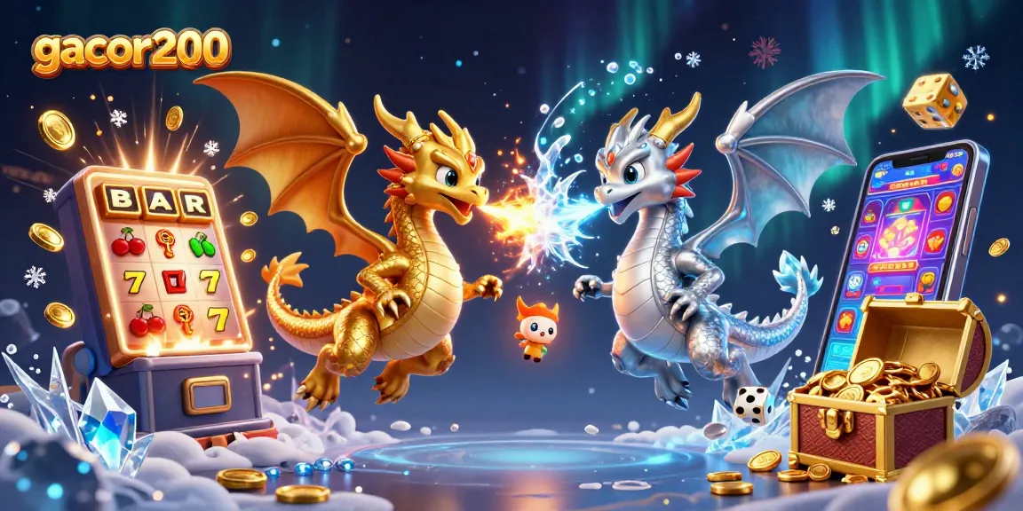Gacor200 menampilkan naga terbang dan mesin slot jackpot, simbol keberuntungan, serta koin berkilauan.