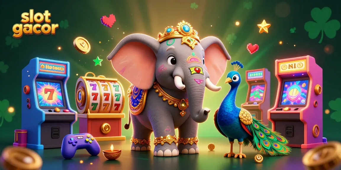 Engaging illustration of slot gacor with a colorful elephant, peacock, and 3D game elements enriching the gaming experience.