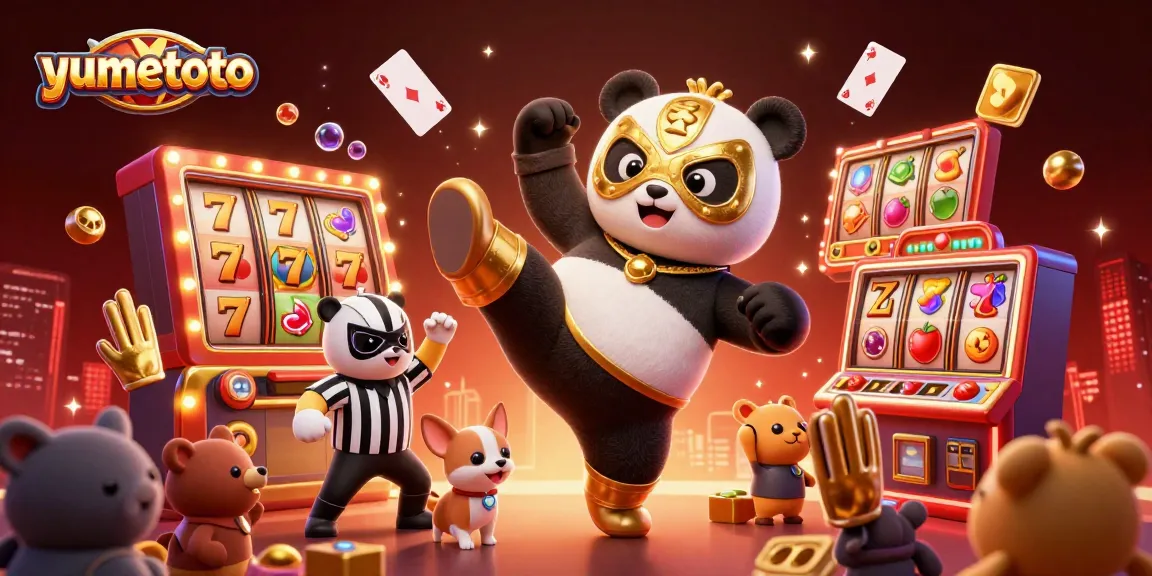 Experience the thrill of yumetoto with a lively 3D scene featuring a panda wrestler and casino elements.