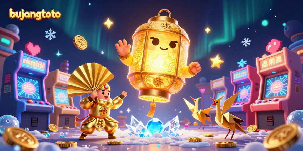 Bujangtoto hadir dengan suasana slot menarik melalui ilustrasi kasino berwarna-warni dan simbol keberuntungan.