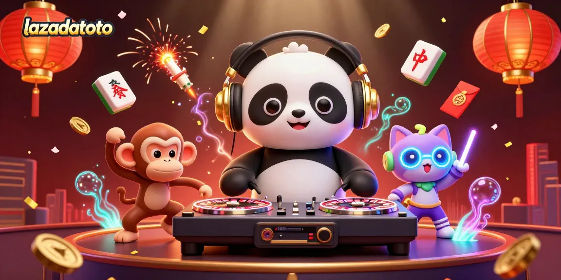 Ilustrasi kasino 3D lazadatoto dengan panda DJ dan kucing pesta yang menarik.