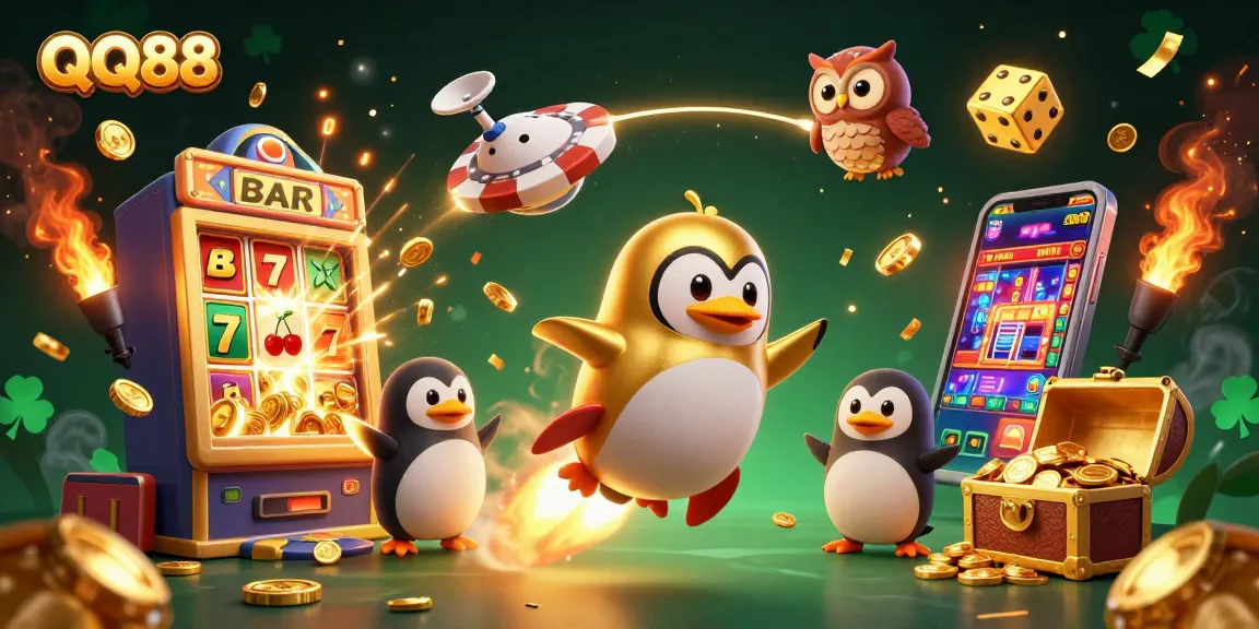 Experience excitement at QQ88 with a dynamic scene of a golden penguin and casino elements.