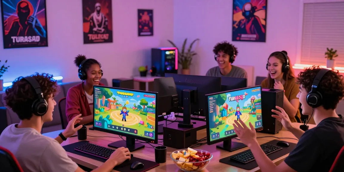Friends enjoying a multiplayer Tunas4D gaming session in a lively living room.