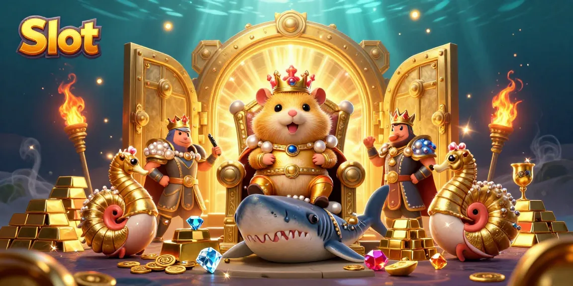 Experience the thrill of Slot games with a golden hamster king among treasures and seahorse guards.