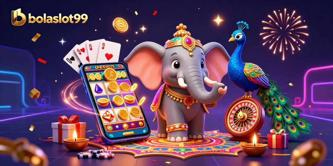 Bolaslot99 features a vibrant scene with a Diwali-themed elephant, peacock, and casino elements, creating celebratory excitement.