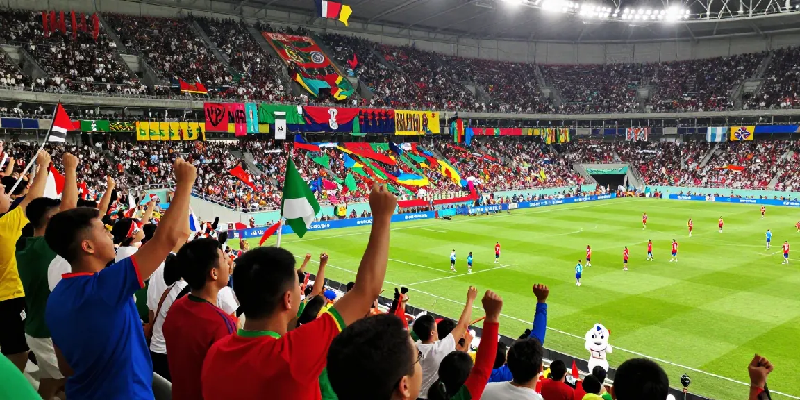 Suasana stadion Piala Dunia 2026 dengan penonton meriah dan bendera berkibar.
