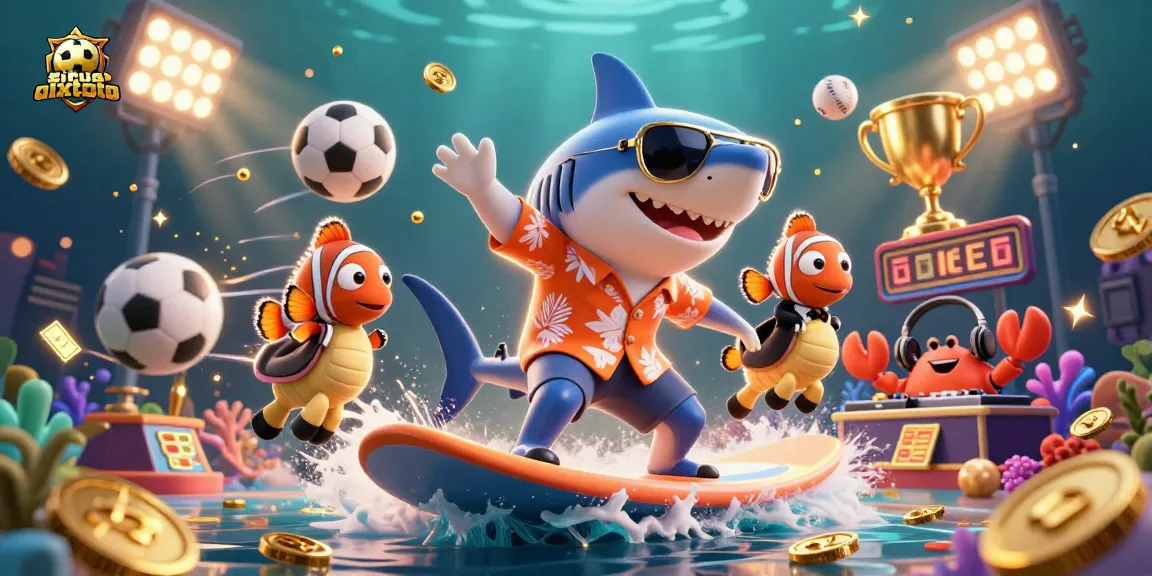 Situs olxtoto menyajikan ilustrasi 3D dengan hiu kartun dan elemen kasino seru lainnya, angka kemenangan siap mengejutkan pemain.