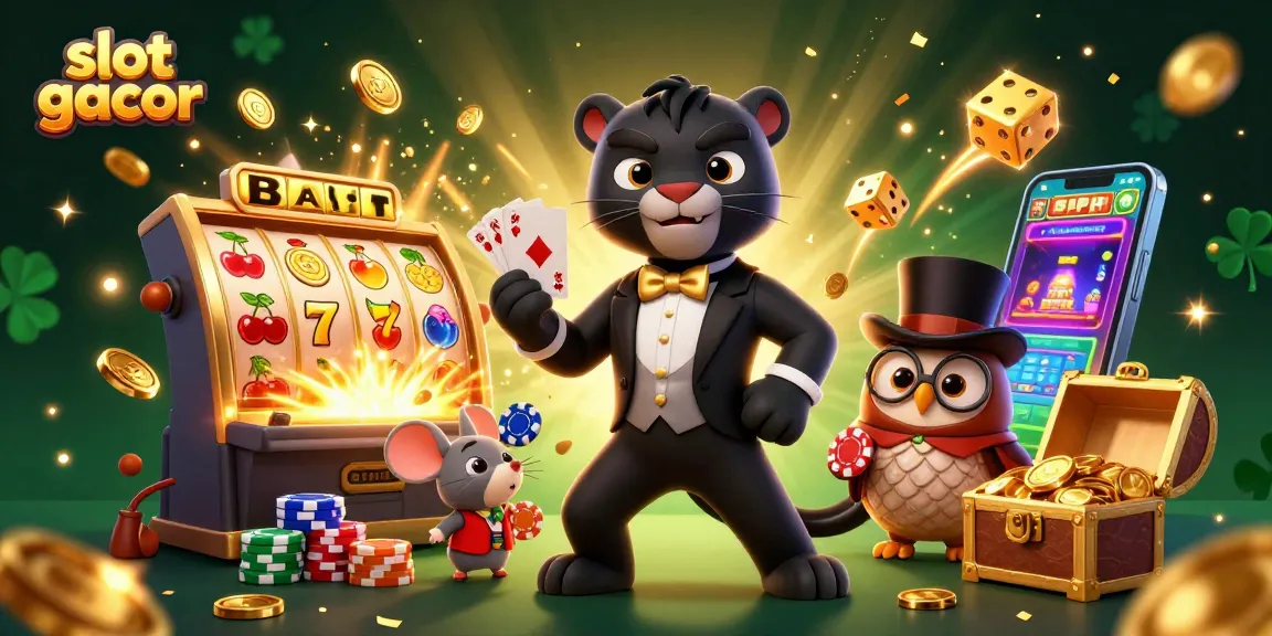 Slot gacor dimainkan oleh karakter kartun 3D dengan jackpot mesin slot meledak dan koin berhamburan.