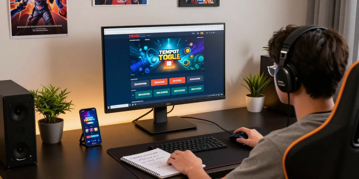 Player enjoying TEMPOTOTO gaming experience on modern desk with high-res monitor.