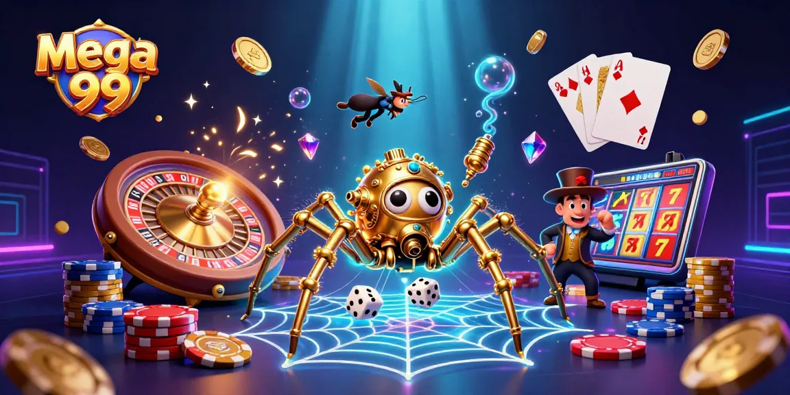Spin and win with mega 99, showcasing a vibrant 3D casino scene packed with golden elements and lively characters.