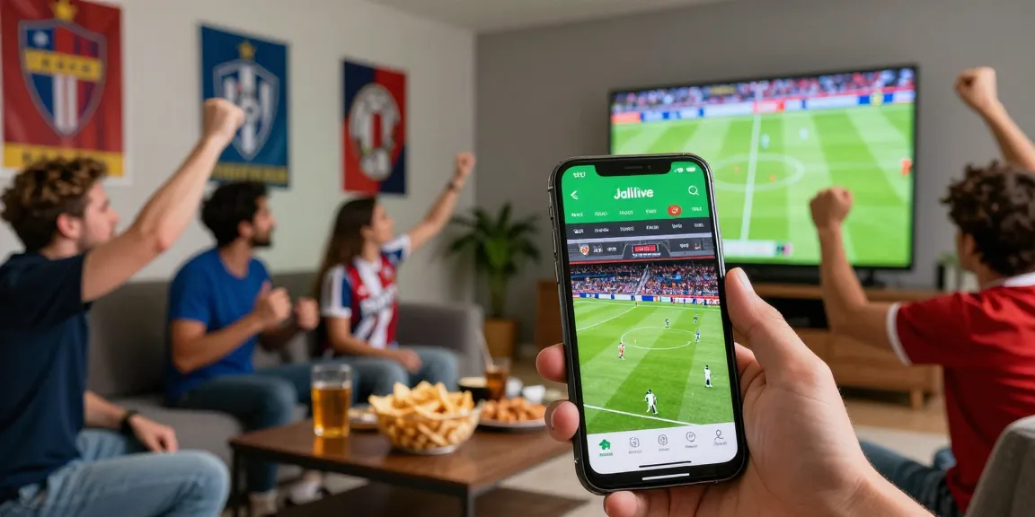 Jalive streaming sepak bola secara langsung di smartphone dengan suasana penuh semangat di sekitar.