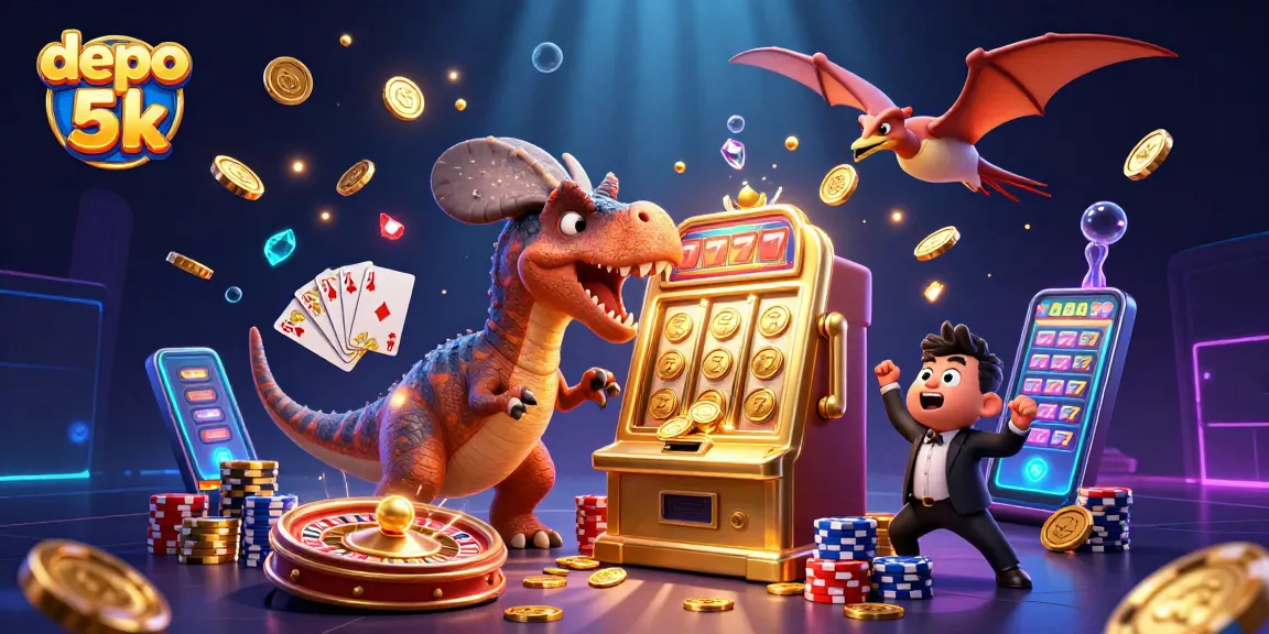 Permainan slot menarik di depo 5k dengan karakter dino dan jackpot koin berkilau.