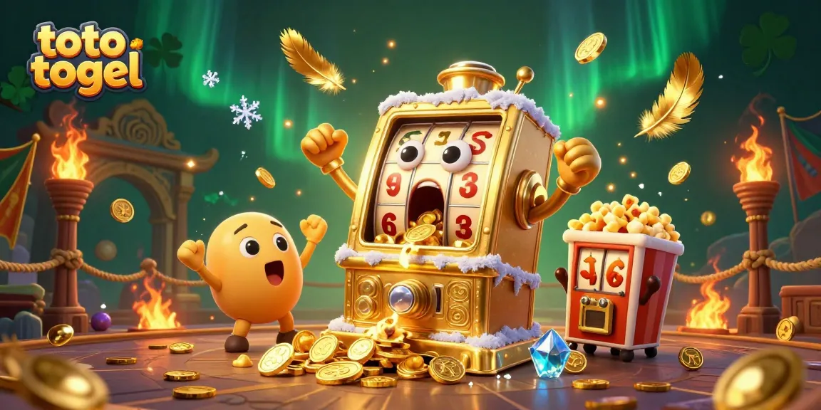 Menang di toto togel dengan mesin slot emas dan perayaan koin yang mengalir.