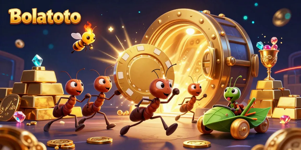 Ant heist scene themed around Bolatoto, featuring a poker chip and treasure in a vibrant casino setting.