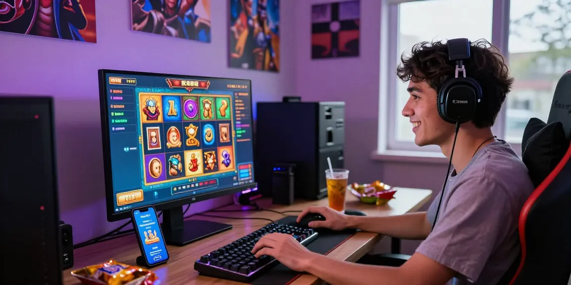 Player enjoying tempototo gaming with vibrant slot graphics and desktop setup in a cozy gaming room.