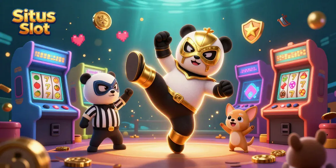Situs Slot showcasing a lively scene with a panda wrestler and animal fans surrounded by slot machine elements.