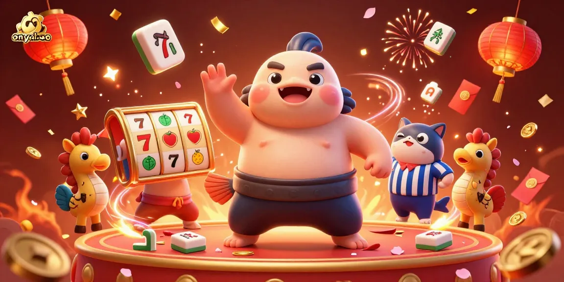 Spin and win on yahoo with 3D cartoon blowfish in vibrant casino scene.