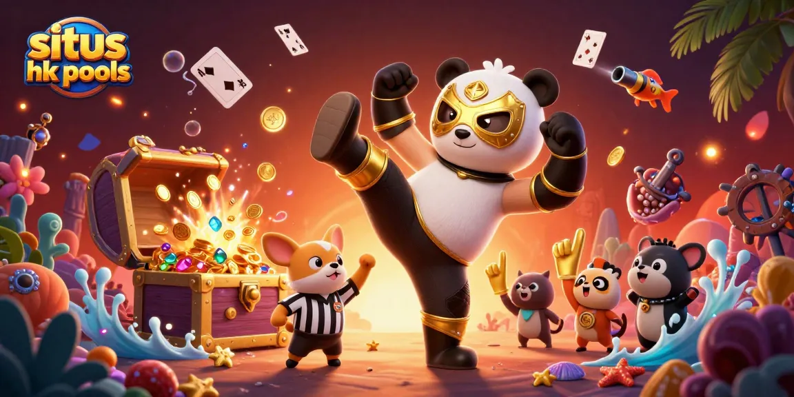 Permainan menarik di situs hk pools dengan karakter panda pegulat dan crowd hewan yang meriah.
