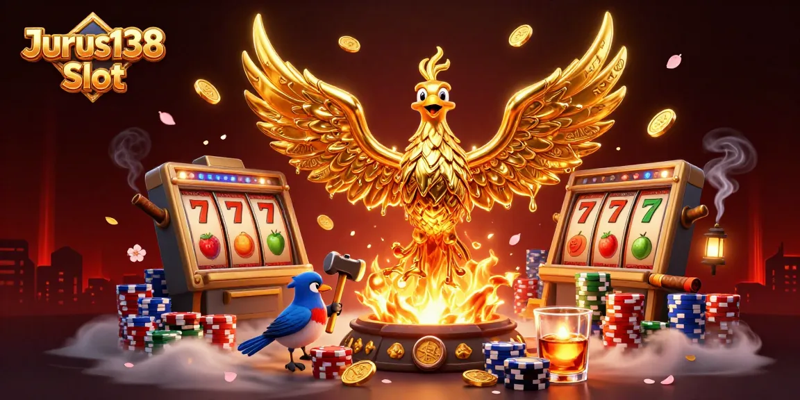 Spin the reels with the Jurus138 Slot, featuring a dynamic golden phoenix, poker elements, and vibrant casino atmosphere