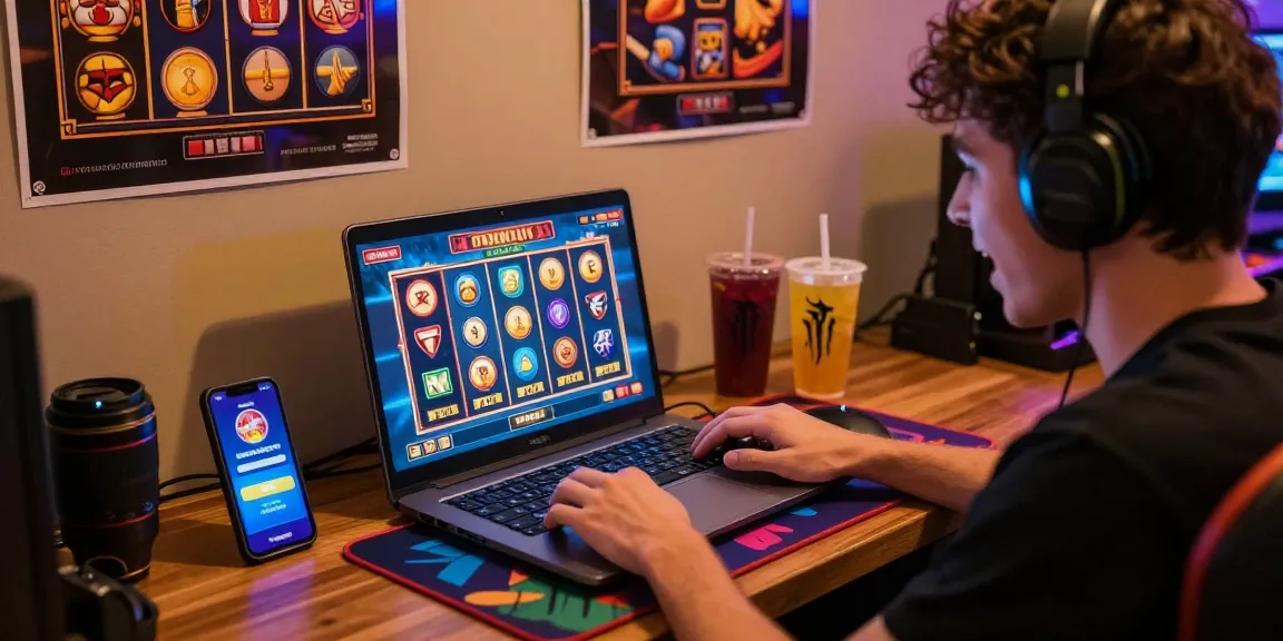 NAGAHITAM303 memberikan pengalaman slot online yang energik dengan pemain bersemangat menggunakan laptop dan berbagai aksesori permainan di lingkungan yang hangat dan menarik.